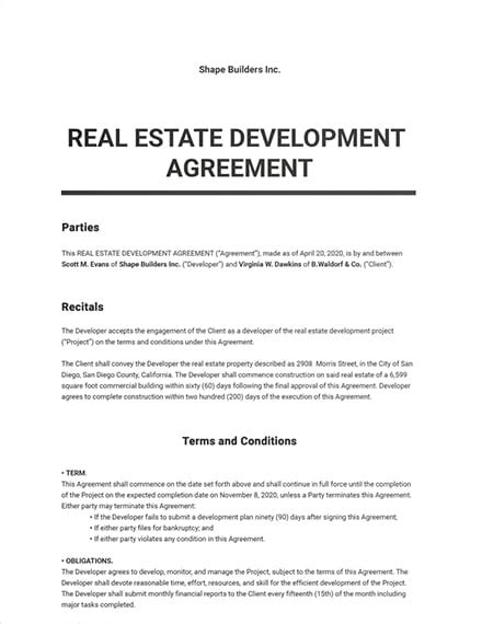 Real Estate Development Agreement Template Contract with Sample