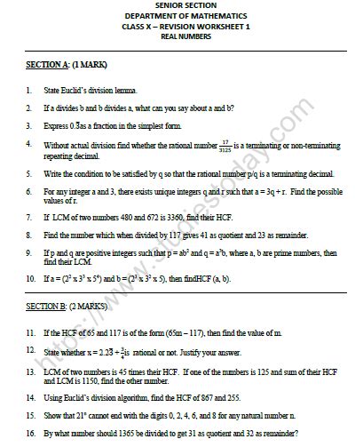 Real Numbers Class 10 Worksheet Pdf