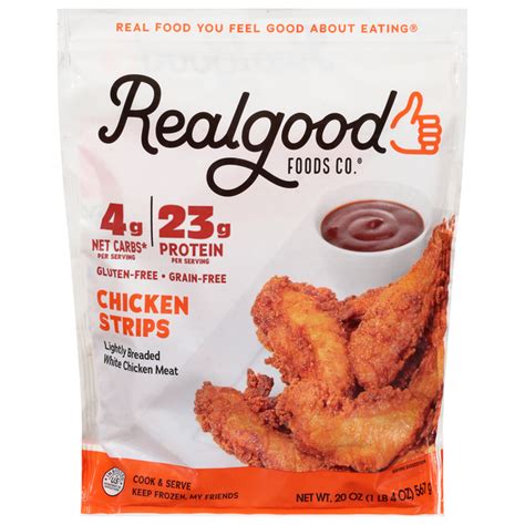 Real good chicken strips. You still get the product’s great nutrition, with 4oz of the breaded chicken strips packing a respectable 23g of protein, 5g of carbohydrates, 4g net carbs, 6g of fat, and a lean 170 calories. Real Good Foods' protein-packed and low-carbohydrate Chicken Strips now come in a 3lb bag exclusively at select Costco locations for just $14.99. 