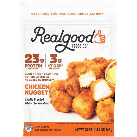 Realgood chicken. Real Good Foods offers high-protein, low-carb chicken strips and nuggets. The lineup consists of four offerings: original lightly breaded nuggets, lightly breaded strips, buffalo nuggets, and buffalo strips. Real Good Foods Breaded Chicken is made from nutritious ingredients with 23 g protein per serving, plus is 100% grain-free and gluten … 