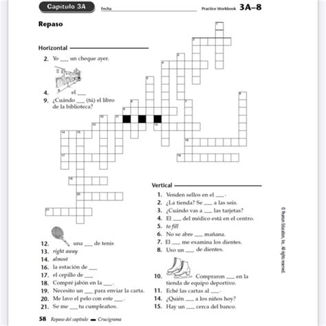 On this page you can read or download realidades 2 capitulo 3a 8 crossword answers page 58 in PDF format Realidades 2 capitulo 3a-8 crossword answers page 58. Prueba 4a 2 - Displaying top 8 worksheets found for this concept. pdf View Download Spanish 1-Workbook Page 91 -92,93. to see a movie (la) lección de …. 