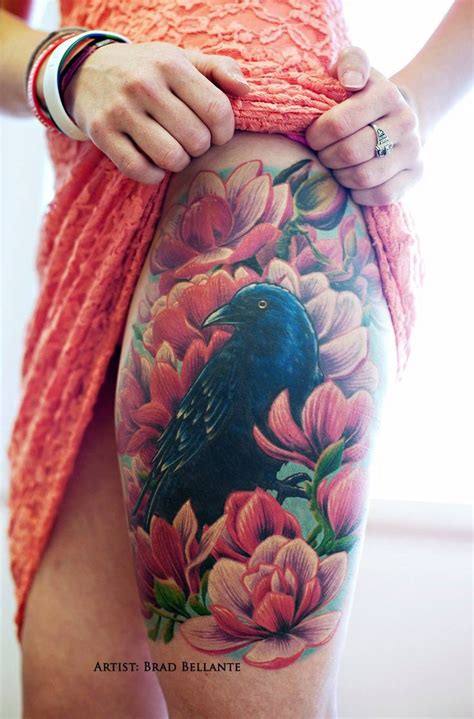 Realistic Raven and Flowers Thigh Piece by Brad Bellante, Human Canvas