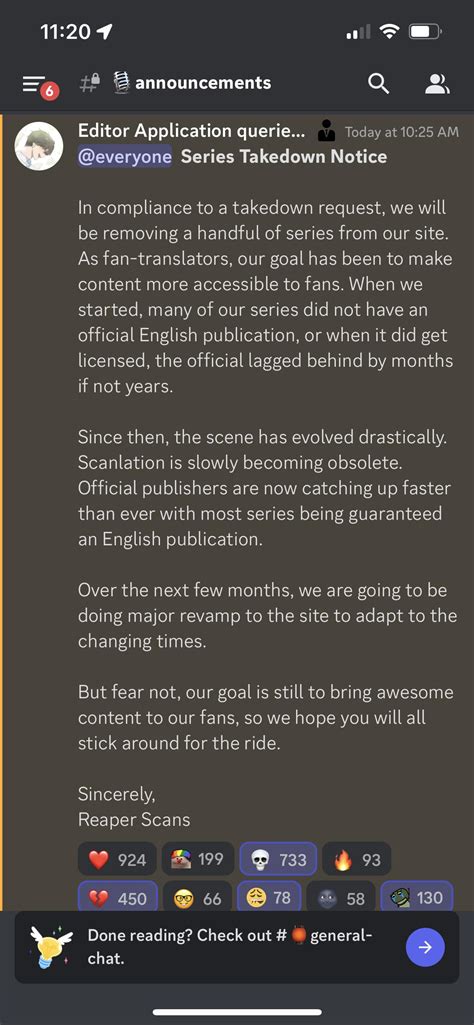 Yeah, almost all the major scanlation groups were wiped. The groups I mostly read - Reaper, Asura, BCK, Lynx, and Flame - all had their discords deleted and dozens of other scanlation sites too. Discord seems to be cracking down on all manhwa scanlation groups but no reason given as of yet.. 