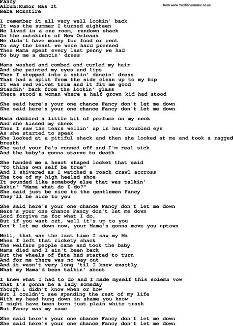 Reba mcentire fancy lyrics. Things To Know About Reba mcentire fancy lyrics. 