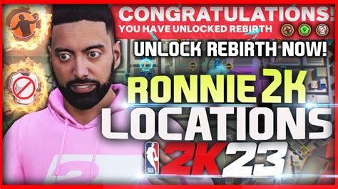 Take these steps to unlock Ronnie 2K's Rebirth Quest in NBA 2K23 New Gen: Finish the NBA Summer League game. Reach a 65 rating. Speak to Ronnie 2K in the northeast part of the City, near the subway station. You'll receive a Ronnie 2K & Sophie t-shirt. Reach a 75 rating..