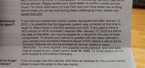 The letter says if I do not come in for this recall service, my truck may not pass inspection (Ohio doesn't test). On the next bullet point it says the BMV may not allow me to renew my registration. ... Recall 21E01 covers a known issue in the SCR system that Ford decided was worth a software patch/refund if you already paid to fix it. You're ...