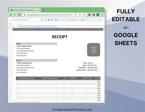 Receipt Template Excel/google Sheets. Automated Spreadsheet. Receipts