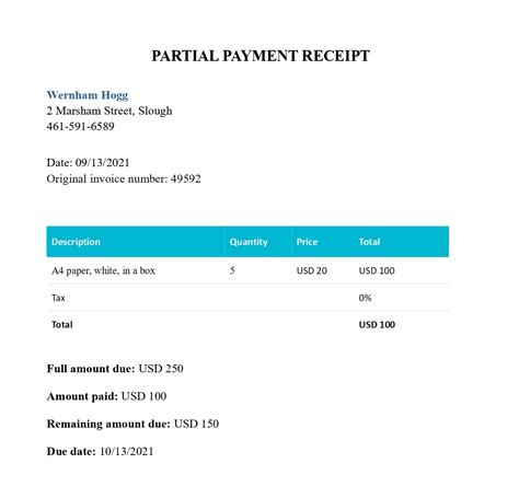 Receipt for partial payment in Word and Pdf formats