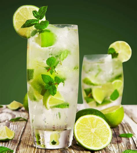 Recipe for virgin mojito cocktail. 25 milliliters (1 ounce) fresh lime juice. 15 milliliters (.6 ounce) simple syrup (2:1) 60 milliliters (2.4 ounces) white rum. 1. Separate the mint leaves from their stems, leaving the tops intact. Set the stems and tops aside. 2. Drop the leaves into the bottom of a highball glass. Combine the rest of the ingredients in the glass. 