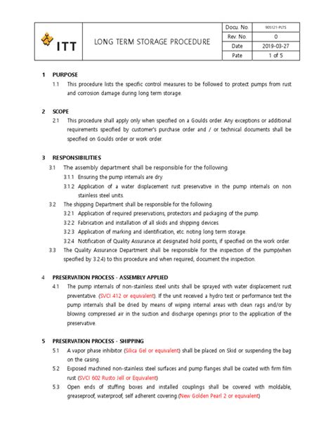Recommended Procedures Long Term Storage