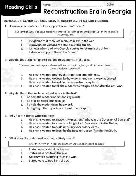 Reconstruction Era in Georgia Reading Packet Worksheets Library