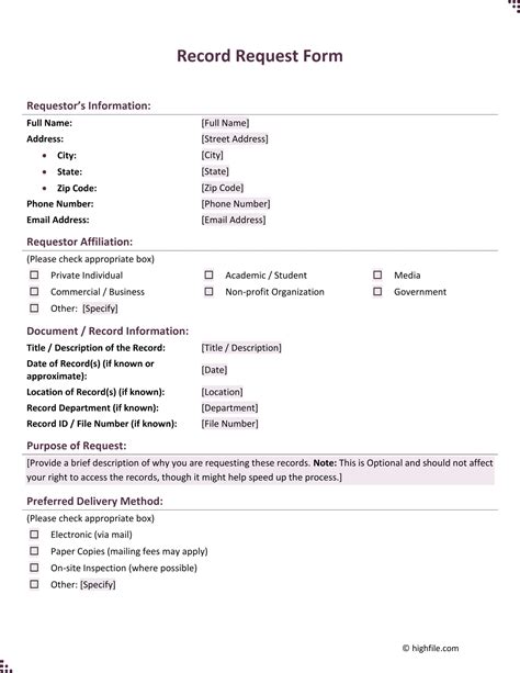 Record Request Form Word PDF Google Docs Highfile