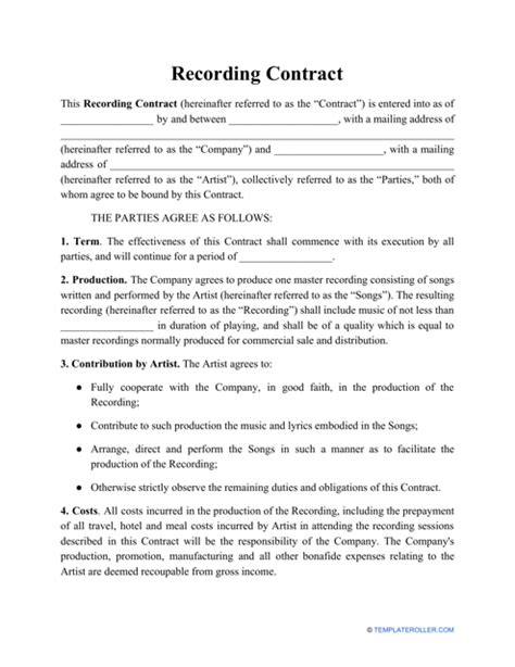 Recording Contract Template Download Printable Pdf Templateroller