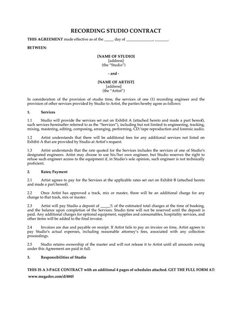 Recording Studio Contract Template For Your Needs