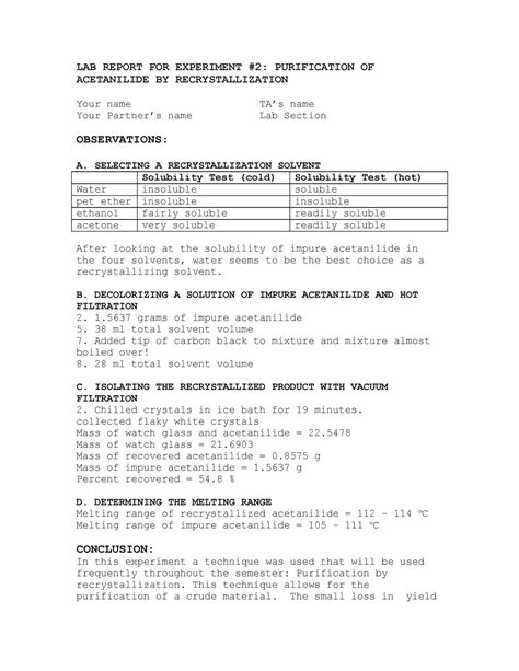 Recrystallization Of Acetanilide Lab Report