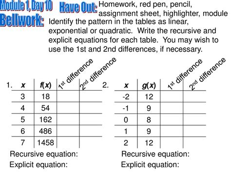 Recursive Quadratic Function Tables Equation