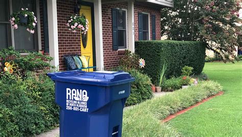 The Recycling Alliance of North Alabama (RANA) is an opt-in monthly curbside recycling service funded by the Solid Waste Disposal Authority of the City of Huntsville that was launched in August of 2019. For more information about the program or how to sign up for a cart, please visit www.recycling-alliance.com or call (256) 801-CART.. 