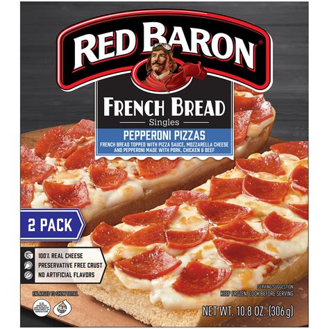 Red baron french bread pizza. RED BARON French Bread Singles Pepperoni Pizza is made with zesty tomato sauce, 100% real cheese, and a hearty topping of pepperoni. Our authentic French bread crust is crispy on the outside, soft on the inside. An excellent source of protein and a good source of calcium. Easy to enjoy - bake frozen pizza in the oven at 375°F for 20-23 minutes. 