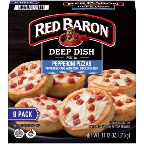 Red baron mini pizza. Conventional Oven: 1. Preheat oven to 375 degrees F. 2. Place unwrapped frozen pizzas on a baking sheet. Caution: Do not use microwave tray in oven. 3. Bake for 14 to 16 minutes on the center rack. Pizzas are ready when cheese is completely melted and edges are golden brown. Let pizzas cool before serving. 