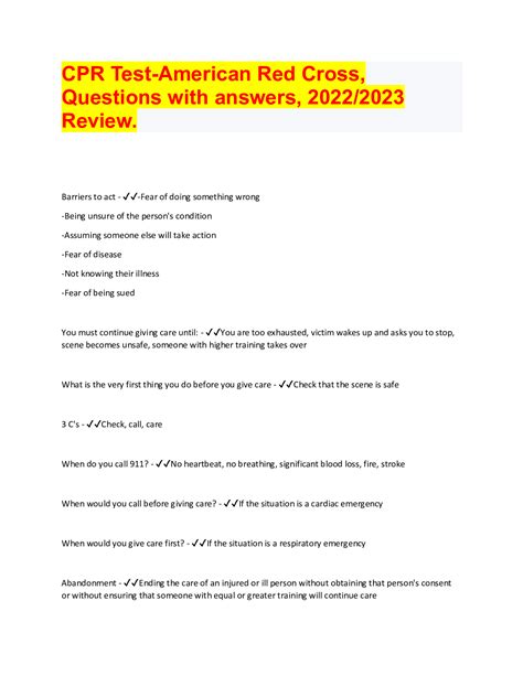 Red cross exam questions and answers 2022. 4.7 (206 reviews) As the only lifeguard performing CPR on a & year old child, you would perform cycles of: Click the card to flip 👆. 30 chest compressions and 2 ventilations. Click … 