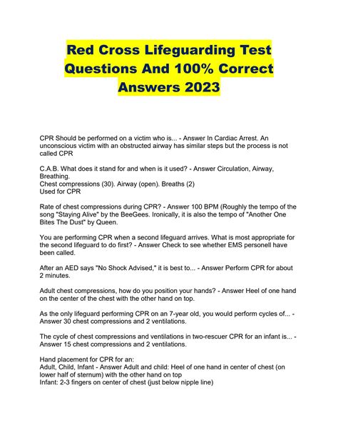 Red cross lifeguarding test answers. Questions on this written exam are divided into the following categories: multiple choice questions, short answer questions, fill-in-the-blank questions, true or false answers, and questions from a list. Fill in the blanks with your name and the answers to the questions on the exam in the spaces given. You will have 60 minutes to finish this ... 