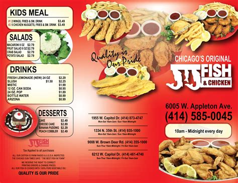 Red jj fish and chicken. 7 piece fish and 11 wings served with fries. $34.99. 10/10 10 piece fish and 10 wings served with fries. $43.99. 10/20 10 piece fish and 20 wings served with fries. $58.99. Family Platter 10 piece fish, 20 shrimp, and 20 wings served with fries and okra. $79.99 