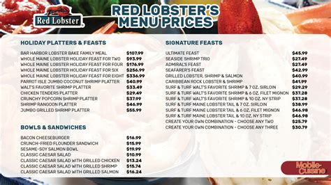 Find Red Lobster at 1890 E Madison Ave, Mankato, MN 56001: Discover the latest Red Lobster menu and store information. ... Red Lobster Menu and Prices. Last Update: 2024-04-25. Beverages. NEW ! Mocktails : $8.39: 0. Fruit Smoothies : $10.19: 0. Canned & Bottled Beverages : $3.63: 0. Lemonades & Iced Teas :. 
