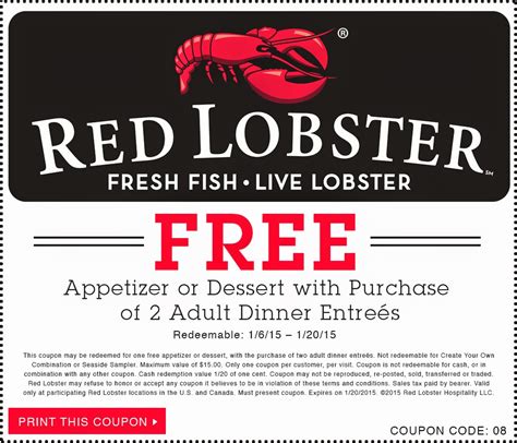 Jan 10, 2020 · $5 Off any 2 Adult Entrees In-store Printable Red Lobster Coupon [Exp. 09/01] $4 Off any 2 Adult Dinner Entrees + $3 Off any 2 Adult Lunch Entrees In-store Printable Red Lobster Coupon [Exp. 06/30/19] 10% Off Your Check In-store Printable Red Lobster Coupon [Exp. 05/26/19] 10% Off Any To Go Order [Exp. 04/27/19] Use Red Lobster Coupon Lobster79 