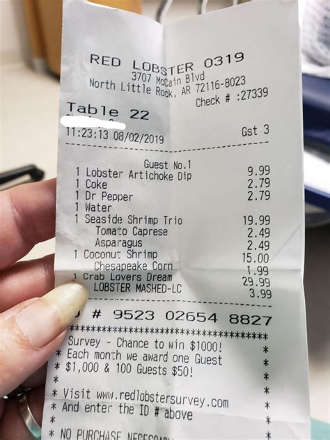 Red lobster receipt code. Oct 30, 2017 · The points are accumulated and tracked through the My Red Lobster Rewards app simply by scanning a QR code located on their receipt. "We want our loyal guests to know how much we appreciate them, so we designed a program that rewards them for their love of seafood,”said Salli Setta, President of Red Lobster. 