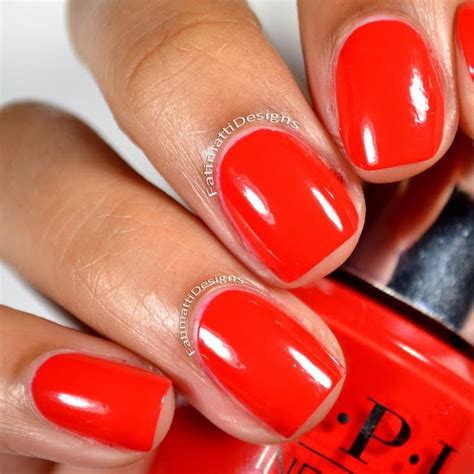 Red orange nail polish. Apply two thin coats to each nail. Brush some nail polish at the nail's free edge to cap the nail and help prevent chipping. Lastly, apply OPI Top Coat. Also cap the free edge with Top Coat. For a manicure that's dry to the touch in minutes, apply 1 drop of DripDry Lacquer Drying Drops to each nail. INGREDIENTS: Ethyl Acetate, Butyl Acetate ... 
