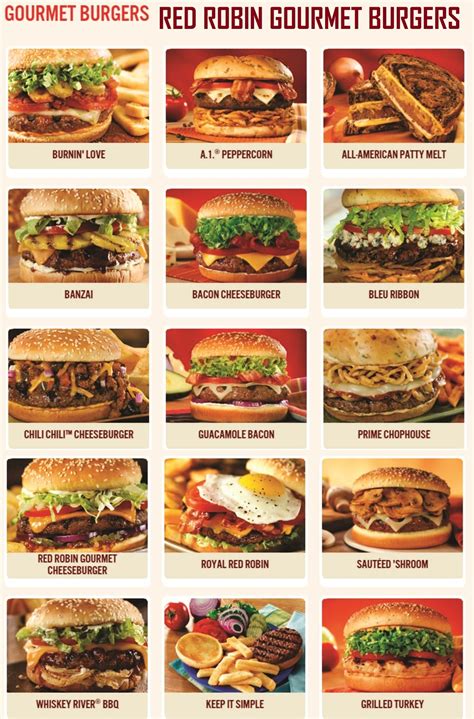 Red robin menu with prices and pictures. Garnished with crisp lettuce, fresh tomatoes, pickles, onions, mayo & Red's pickle relish. You choose your favorite cheese: Cheddar, American, Swiss, Bleu, Provolone or Pepper-Jack. Banzai Burger. Marinated in teriyaki & topped with grilled pineapple, Cheddar cheese, crisp lettuce, tomatoes and mayo. 