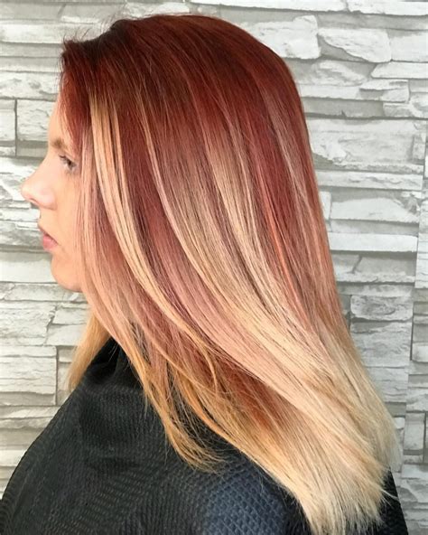 Red to blonde hair. A Sea of Red and Blonde. Source: Instagram @s.marykleiman94. This ombre hairstyle seamlessly weaves together shades of red and blonde to create a sea of beautifully blended hair. A simple hairstyle, like this partial updo further creates a sense of unity. The color combination feels natural and unforced. 