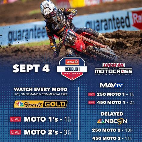 Redbud motocross tv schedule. The RedBud National round of the 2022 Lucas Oil AMA Pro Motocross Championship. Racer X - Motocross & Supercross News ... Full Schedule. ... RedBud MX Buchanan, MI . July 2, 2022. Monster Energy ... 