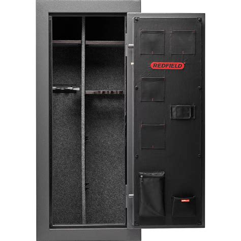 Redfield 24 gun safe. ITEM: 172528 DETAILS & SPECS Keep your firearms safe and secure with the Redfield 48 Gun Safe. The 14-gauge steel construction with insulation offers durability and fire ratings of 45 mins@1400 degrees. 