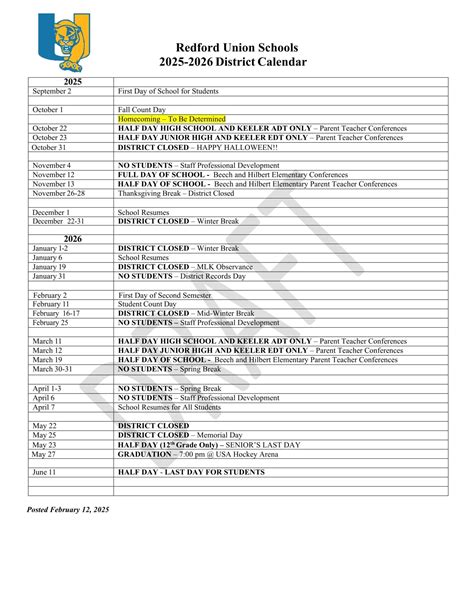 Redford Union Schools Calendar