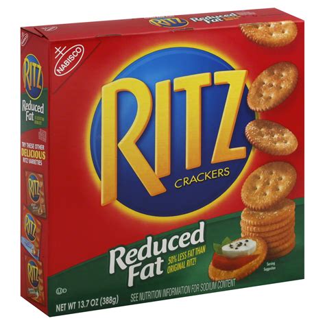 Reduced fat ritz discontinued. Reduced fat 50% less fat than original Ritz. Reduced fat Ritz has 2 g fat per 15 g serving compared to 4.5 g fat per 16 g serving in original Ritz. Contains a bioengineered food ingredient. ritzcrackers.com. SmartLabel. Visit us at: ritzcrackers.com; 1-800-622-4726. More reasons to love Ritz. Check Out Cheese Crispers: Delightfully crispy & cheesy. 