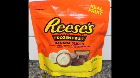 Reeses frozen fruit. This is a taste test/review of the Reese’s Frozen Fruit Banana Slices. They are sliced bananas enrobed in milk chocolate and Reese’s peanut butter chips. The... 