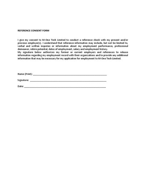 Reference consent form template.  It allows employers and references to disclose Reference ...