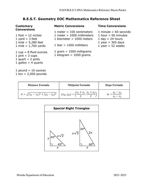 Reference sheet geometry eoc. Grades 6-8 FCAT Mathematics Reference Sheet KEY b = base d= diameter h = height r = radius l = length A = area w = width C = circumference S.A. = Surface area V = volume Use 3.14 or 22/7 for π Area Triangle A = 1/2 bh Rectangle A = lw Trapezoid A = 1/2 h (b 1 + b 