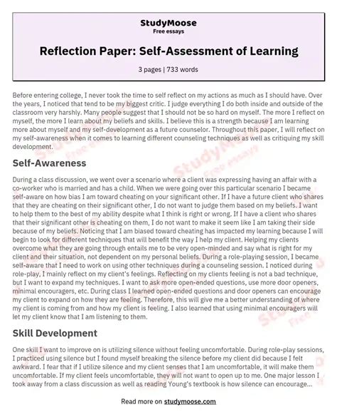 Reflection Assessment Self Example Paper