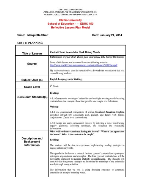 Reflective Lesson Plan 1 Reading Comprehension Learning