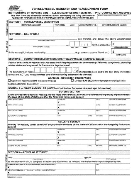 A California car bill of sale has information that allows the owner to register, title, sell, or buy a vehicle. The Department of Motor Vehicles (DMV) requires individuals to use Form REG 135 when purchasing or selling a car. It does not include an odometer disclosure statement. Instead, both parties must complete Form REG 262 and Form REG 256 ...