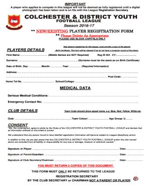 Registration Form Colchester & District Youth Football League Fill