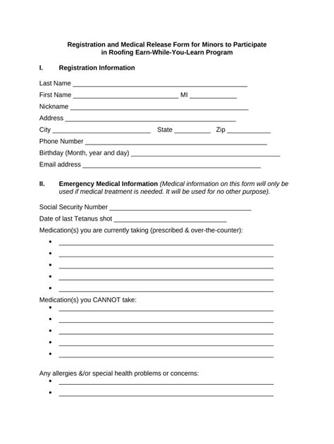Registration and Medical Release Form for Minors to Participate in