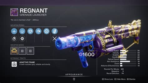 Regnant god roll destiny 2. In-depth stats on what perks, weapons, and more are most popular among the global Destiny 2 Community to help you find your personal God Roll. God Roll Finder Flexible tool to find which weapons can drop with specific combinations of perks. Tons of filters to drill to specifically what you're looking for. Roll Appraiser Assess your entire ... 