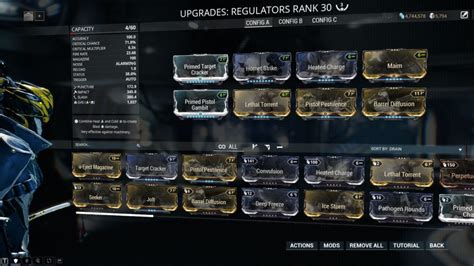 Best Regulator Prime Build 2021 by Ltherael — last updated 2 years ago (Patch 30.6) 4 186,310 Copy 0 VOTES 0 COMMENTS ITEM RANK 30 3 / 60 Orokin Reactor APPLY CONDITIONALS ACCURACY 100.0 CRITICAL CHANCE 71.8% CRITICAL MULTIPLIER 6.3x FIRE RATE 23.68 MAGAZINE 100 / ∞ MULTISHOT 2.7 NOISE ALARMING RELOAD 1.8 RIVEN DISPOSITION 1.00 Status / Projectile.