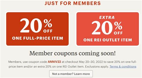Rei 20 off coupon schedule 2022. Best 40 offers last validated for October 10th, 2023. When you buy through links on RetailMeNot we may earn a commission. Free Browser Extension. Automatically Apply the Best Promo Codes and Cash Back at Checkout. Add To Chrome. 20%. Off. Code. 