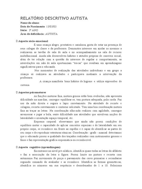 Relatório Descritivo Autista Dica PDF Autismo Aprendizado