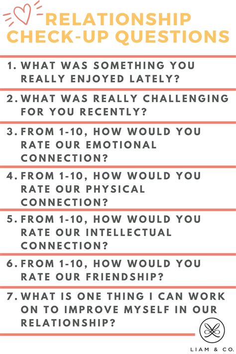 Relationship check in questions. Some of our 110 questions will make you laugh; others will help improve your communication skills. The point is to learn more about your significant other, from their childhood and their views on love and marriage to their desires and values around intimacy and sex. Consider creating a cozy space to share your answers and make a game of it ... 