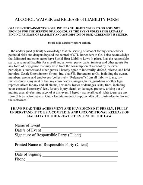 Release And Waiver Of Liability Form Free Printable Documents